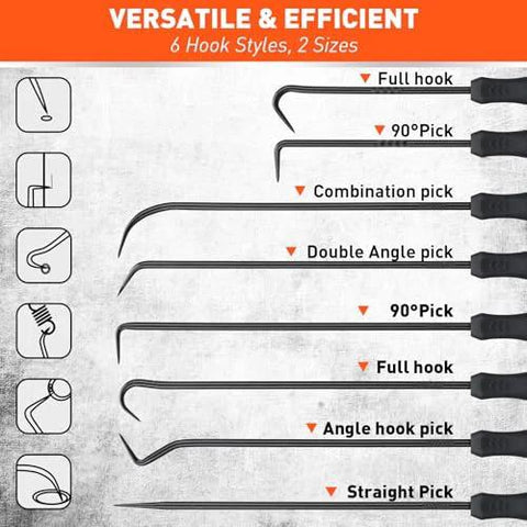 Front view of HORUSDY 8-piece automotive hook and pick set with ergonomic black handles for oil seals and O-rings.