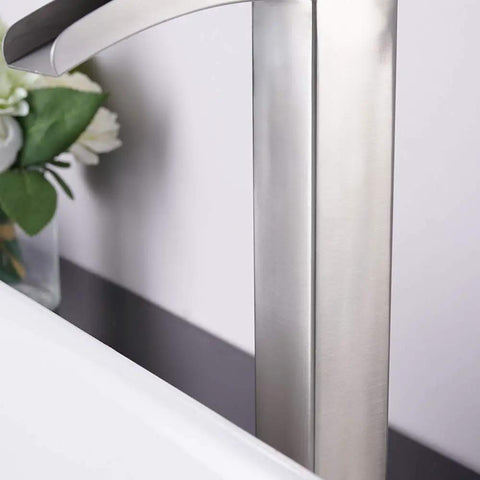 Modern Vessel Sink Faucet In Brushed Nickel Tall Waterfall Style Bathroom Mixer, side view showing brushed finish and structure.