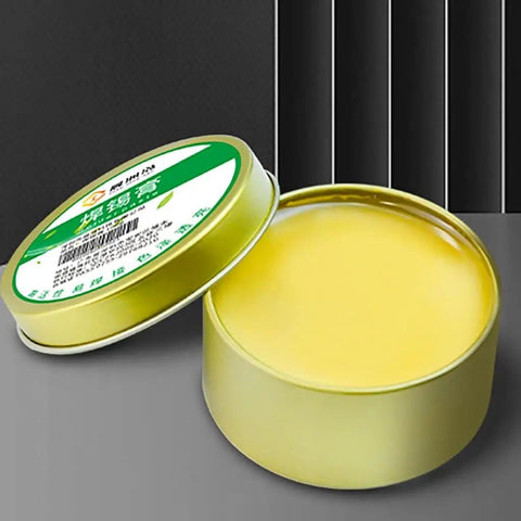 Open tin of lead free soldering flux paste for precise joints in phones and computer hardware repair, iron rosin formula delivers strong adhesion and easy cleanup, safe for electronics, environmentally friendly and high performance.