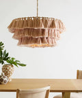 Cozy Chic Modern Tiered Pendant Light With Tassel Shade, Hand Woven Fabric Rope Hanging Lamp, Pink 12 Inch over dining table