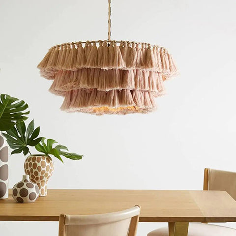 Cozy Chic Modern Tiered Pendant Light With Tassel Shade, Hand Woven Fabric Rope Hanging Lamp, Pink 12 Inch over dining table