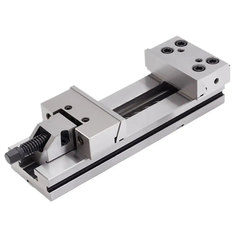 Heavy Duty Rock Solid Precision Bench Vise Built For Cnc Machining Centers And Milling Machines Featuring Dual Adjustment Screws And Heat Treated Steel, showcasing a precise jaw mechanism.