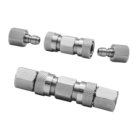 HMKUGO stainless steel paintball quick-disconnect coupling set with knurled ends, 8mm female adapters front view