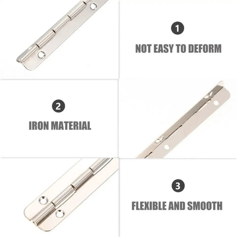 Six Piece Heavy Duty Piano Hinges Forged From Solid Iron For Tough Jewelry Boxes And Travel Luggage Rugged Construction Keeps Things Locked Tight During A 180 Degree Open with smooth iron material.