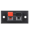 Two Pack 2 Way Speaker Spring Connectors Plug And Play Terminal Clips For Quick Speaker Wiring, 2 Pins And 2 Positions, Spring Load Clip, Red Black Polarity Coding, 45mm Length By 21mm Width Terminal Block, front view.