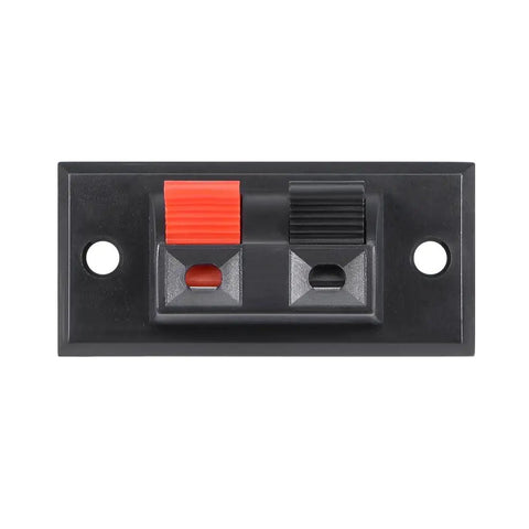 Two Pack 2 Way Speaker Spring Connectors Plug And Play Terminal Clips For Quick Speaker Wiring, 2 Pins And 2 Positions, Spring Load Clip, Red Black Polarity Coding, 45mm Length By 21mm Width Terminal Block, front view.