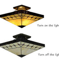 Tiffany Style Two Light Craftsman Semi Flush Ceiling Light With Antique Art Glass Shade In Beige, lit and unlit view.