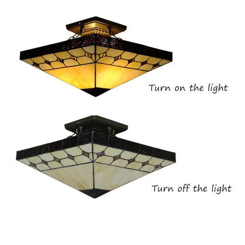 Tiffany Style Two Light Craftsman Semi Flush Ceiling Light With Antique Art Glass Shade In Beige, lit and unlit view.