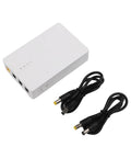 Reliable Mini Ups Battery Backup For Routers And Modems Delivers Solid 7800Mah Power; white device with DC cables.