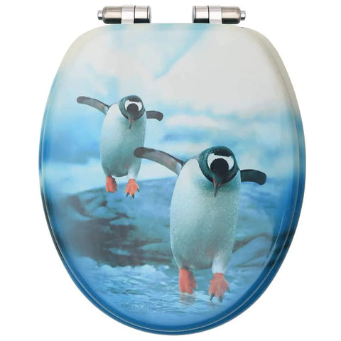 Slick Soft Close Toilet Seat With Dope Penguin Design And Solid Zinc Alloy Hinges For Bathroom Plumbing Hardware And Premium MDF Construction With Pro Grade Water Resistant Finish featuring playful penguin graphics on blue background.