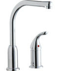 Everyday Deck Mount Kitchen Faucet With Remote Lever Handle Chrome Finish ADA Compliant Lead Free NSF ANSI 61 And 372 Certified Low Flow 1.5 GPM Aerator System Includes Two Aerators, showing faucet and lever handle in chrome.