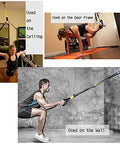 Heavy Duty Wall And Ceiling Mount Bracket For Gym Suspension Straps And Battle Ropes With 850 Lb Load Rating shown in various uses on wall, ceiling, and door frame.
