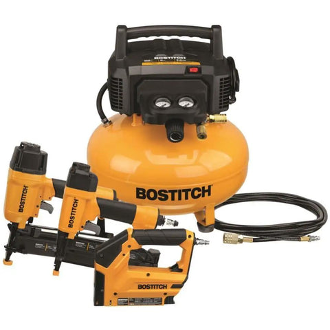 Top Shelf 6 Gallon Electric Air Compressor With Oil Free Pancake Tank And 150 Psi Pressure combined with three finishing tools for renovations.