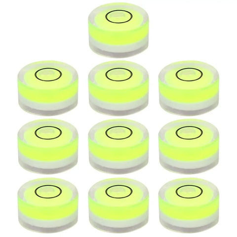 Ten Piece Circular Bubble Level Set Acrylic High Precision Spirit Levels For Calibrating Picture Frames And Cross Stitch Frames Easy To Use Measuring Tool For Accurate Horizontal Alignment shown from top view.