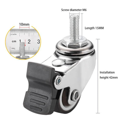1 Inch Mini Swivel Caster Wheel with brake, M6 x 15mm threaded stem, rubber TPE for small furniture and equipment.