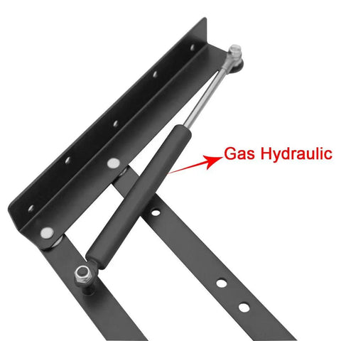 Close-up of Dope Lift Up Top Coffee Table Mechanism With Spring Assist Air Operated Convertible Desk Hardware Hinge Bracket.