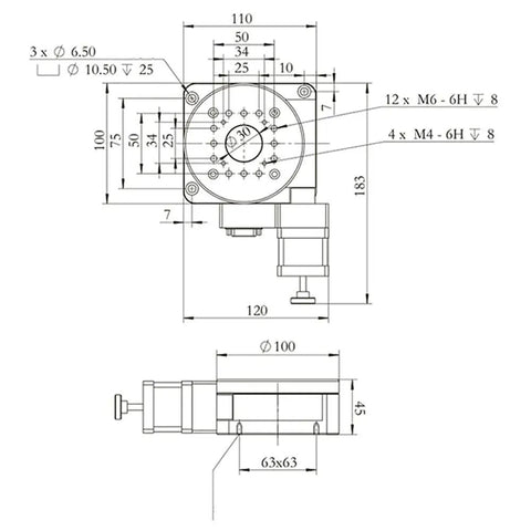 Technical diagram of High Precision Electric Rotating Platform With 100mm Diameter Table Motorized Rotation Stage Worm Gear Drive