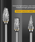 Three double-cut carbide burrs with 1/8-inch shanks for Dremel rotary tools.