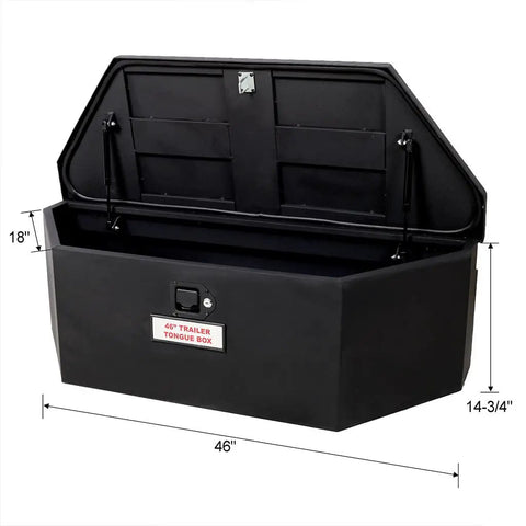 Heavy Duty Workhorse 46 Inch Trailer Tongue Tool Box Solid Steel Storage Chest with open lid, measuring 46" x 18" x 14-3/4".