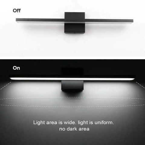 24 Inch Black Modern LED Vanity Light With Frosted Aluminum Finish For Bathroom Mirror Cabinet And Powder Room Sleek Energy Saving Vanity Fixture In Cool White 6000K, shown in off and on states