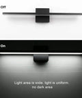 24 Inch Dimmable Black LED Vanity Light With Frosted Aluminum, Modern Slim Fixture for Bathroom Vanity shown in off and on modes.
