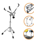 Rock Solid Heavy Duty Snare Drum Stand Adjustable Portable Alloy Rack With Quick Release Storage Shelf For Gig Ready Bands Weekend Sessions And Tour Grade Stages with extended arms.