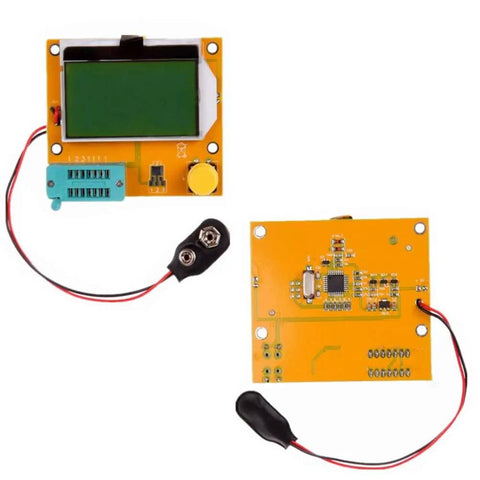 Front and back view of Pro Grade All In One Mega328 Transistor Tester With Case LCR Meter showing LCD and circuit board components.