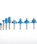 Professional 35 Piece Router Bit Set With One Quarter Inch Shank Made For Flush Straight Chamfer And Trimming Tasks Knockout Carbide Blades, 9 router bits displayed.