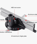 Rock Solid Adjustable Table Saw Miter Gauge With Precision Aluminum Fence And Clear Degree Scale For Dead Nuts Accurate Woodworking Cuts And Rapid Angle Adjustments showing aluminum slider and PA6 handle.