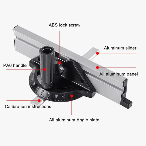Rock Solid Adjustable Table Saw Miter Gauge With Precision Aluminum Fence And Clear Degree Scale For Dead Nuts Accurate Woodworking Cuts And Rapid Angle Adjustments showing aluminum slider and PA6 handle.