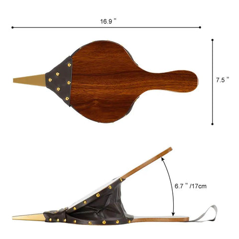 Large Wood Fire Bellows With Hanging Strap Cast Nozzle For Outdoor Camping And BBQ Grill Chimney Hand Pump Fireplace Tool Accessories Premium Leather Heat Resistant Durable Solid Wood Construction, side and top view dimensions