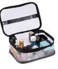 Two Pack Clear Makeup Bags With Zipper Waterproof Travel Storage Pouch Organizer for cosmetics and toiletries, transparent PVC, open view.