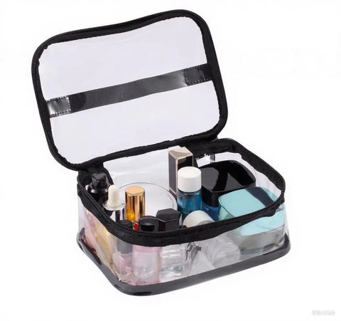 Two Pack Clear Makeup Bags With Zipper Waterproof Travel Storage Pouch Organizer for cosmetics and toiletries, transparent PVC, open view.
