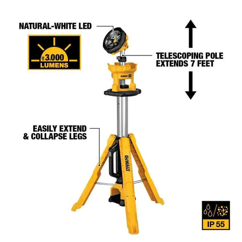 20V Max LED Work Light With Telescoping Tripod Stand 3000 Lumens 3 Modes Natural White Beam Cool To The Touch Portable Tool Only Battery Not Included Beast Mode Brightness Jobsite Lighting, showing collapsible legs and IP55 rating.
