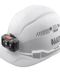 Hard Hat With Rechargeable Headlamp Mounts Front And Back Cap Style Vented Shell Padded Self-Wicking Odor-Resistant Sweatband White