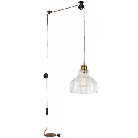 Fang Yan Mei Plug in Pendant Light with clear fluted glass shade and adjustable plug in cord, ideal for kitchen island, bedroom, dining room.
