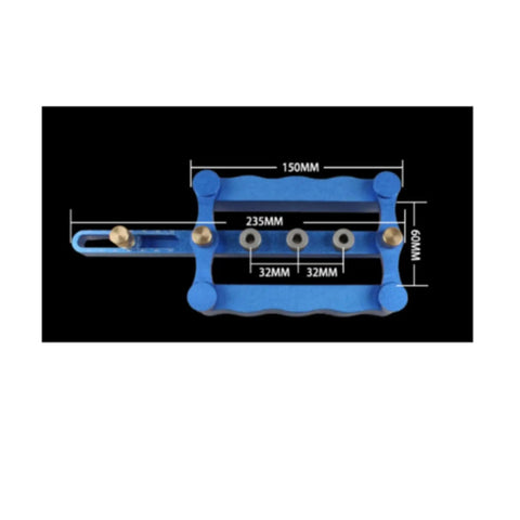 Killer Precision Blue Aluminum Hole Drill Guide And Router Board For Cabinet Making Featuring Dead On Positioning Scale dimensions shown on black background.