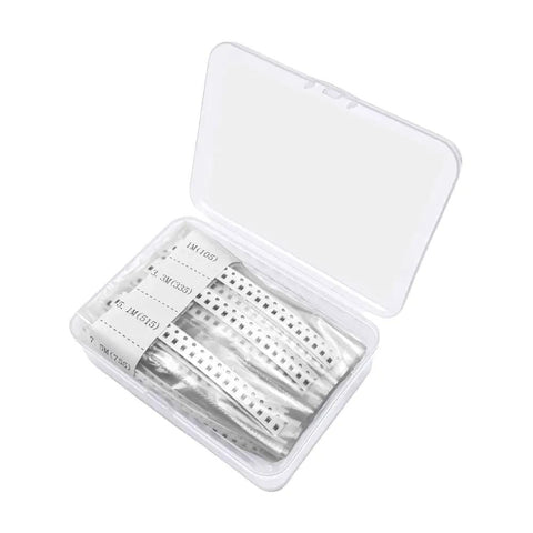 Open box displaying 720-piece SMD Resistor Kit 0805 1R To 10M Ohm 1/8W Thick Film SMT Chip Resistors, 36 values, taped in carrier.