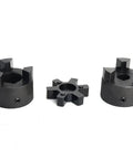 3/4 To 1-1/4 Inch L100 L-Jaw Coupling Set With Buna N NBR Rubber Spider For Wood Splitter Includes Two Halves And Insert Bore Range 3/4 To 1-1/4 Inch Keyways 3/16 And 1/4 Set Screws Heavy Duty Industrial Grade black L100 jaw coupling set with Buna N spider, two halves and insert