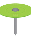 One Inch Electro Galvanized Ring Shank Plastic Cap Roofing Nails For Housewrap And Felt Underlayment Two Thousand Count Box Hand Drive Fasteners close-up of plastic cap and nail.