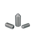 Workhorse Stainless Steel Spring Plungers With Ball Lock Grip And Tough Black Oxide Finish 1/4-28 Inch Thread Heavy Duty Positioning Fasteners Rock Solid Pack Of Ten, three spring plungers displayed.