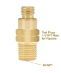 Brass Gauge Adapter With 1/4 NPT Female Thread And Test Plug, side view showing brass material and threading for plumbing use.