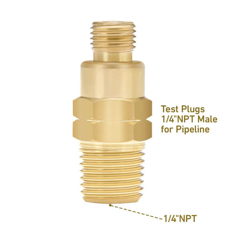 Brass Gauge Adapter With 1/4 NPT Female Thread And Test Plug, side view showing brass material and threading for plumbing use.