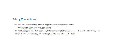 Tubing connections guide for Pureteck Standard Air Gap Auxiliary Faucet For Under Sink RO Filtration Systems details lengths and uses.