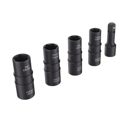 Dual Head Lug Nut Socket Set In CrMo Steel Thin Wall Wheel Nut Sockets Five Piece Automotive Tool Kit displayed vertically