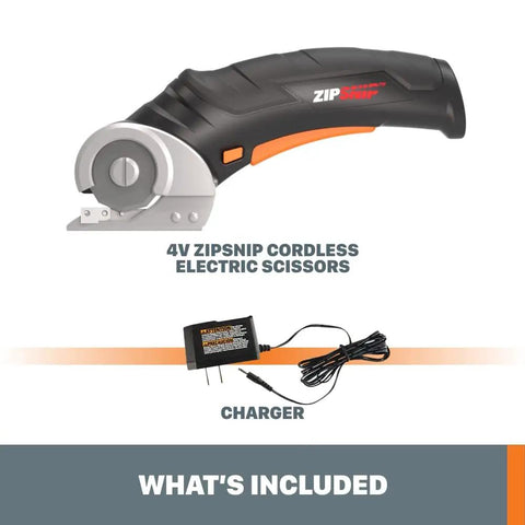 Image of Zip Snip Cordless Electric Scissors 4V with charger, black and orange, for quick fabric cuts and rotary cutting.