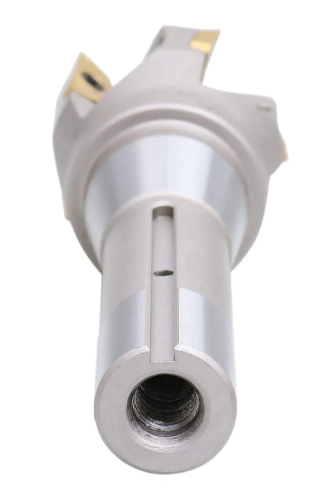 Front view of a 2'' diameter indexable end mill with 6-1/8'' OAL, 90° R8 shank and five APKT1604 carbide inserts