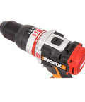 Close-up of a Brushless Cordless Hammer Drill With Two 20 Volt Batteries And Active Hammer Action showing drill chuck and controls.