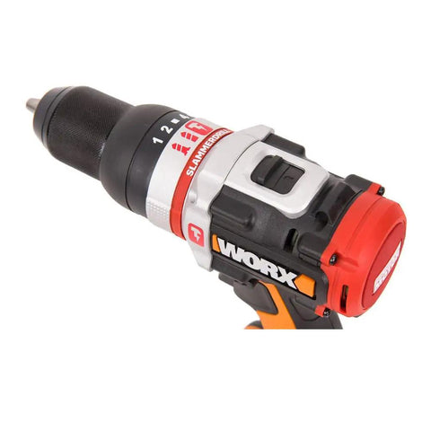 Close-up of a Brushless Cordless Hammer Drill With Two 20 Volt Batteries And Active Hammer Action showing drill chuck and controls.