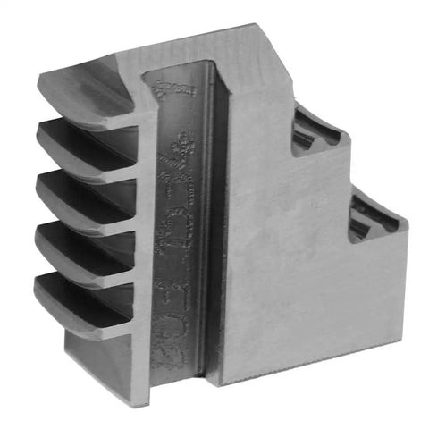 Precision Tuned Three Piece K1180 Self Centering Three Jaw Lathe Chuck Set For Metal Machining And Woodworking Shops showing a steel jaw.